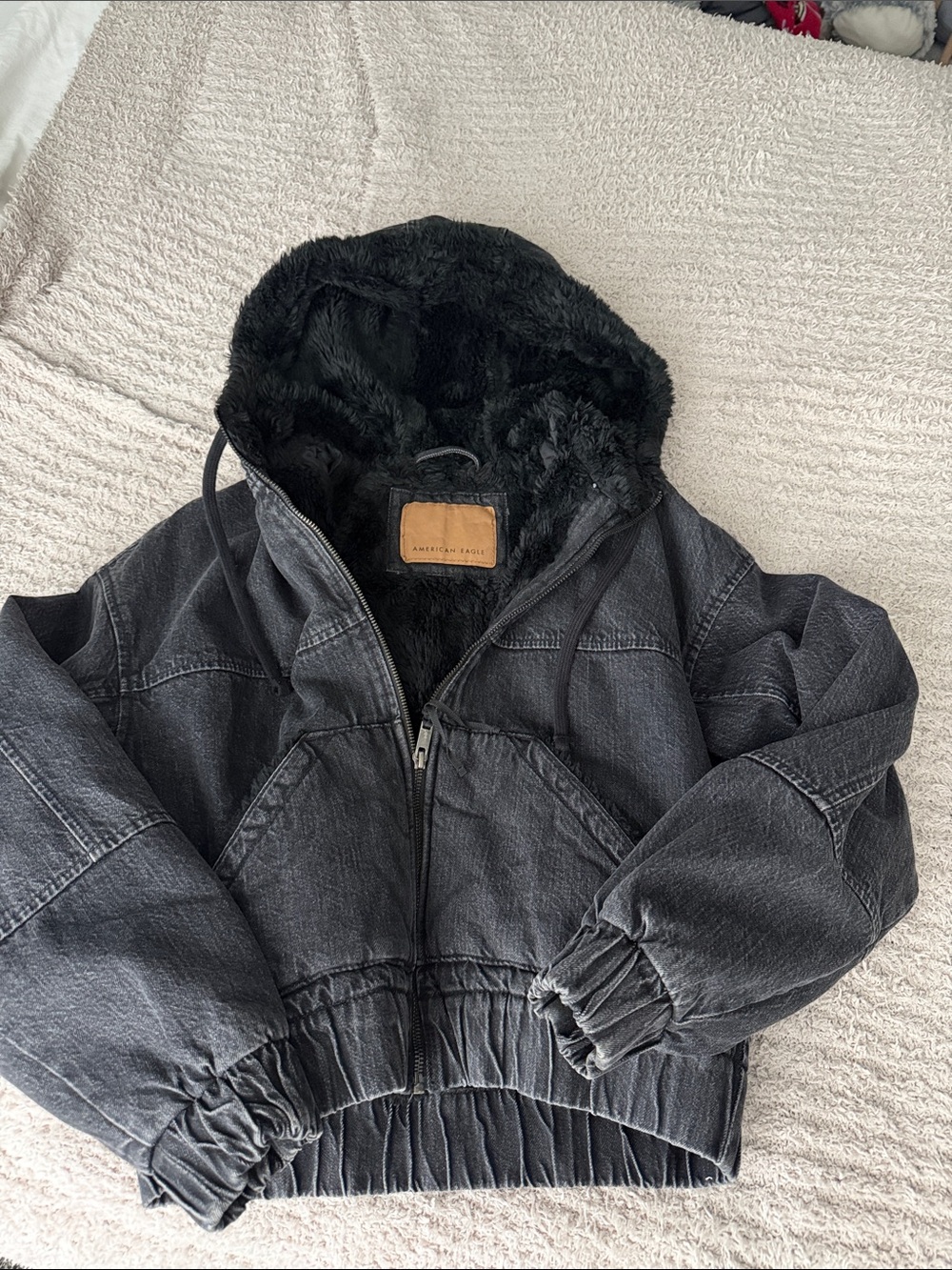 American Eagle Outfitters Black Jean Jacket with Faux-Fur Hood